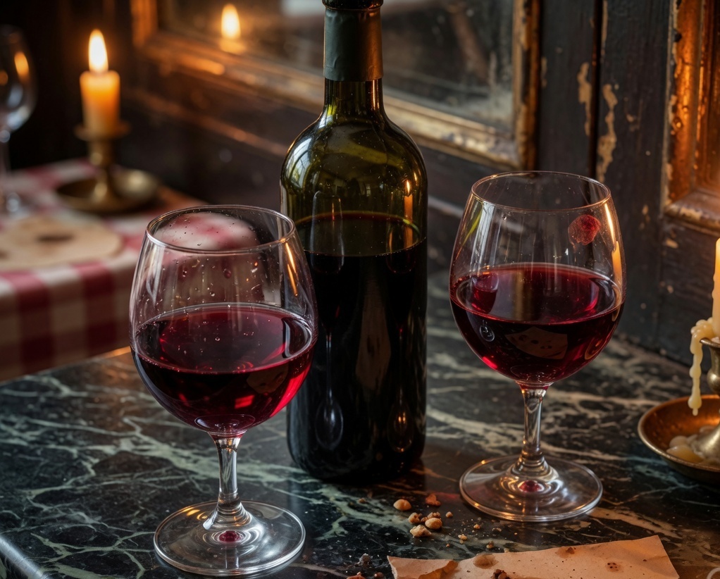 Red wine poured by candlelight